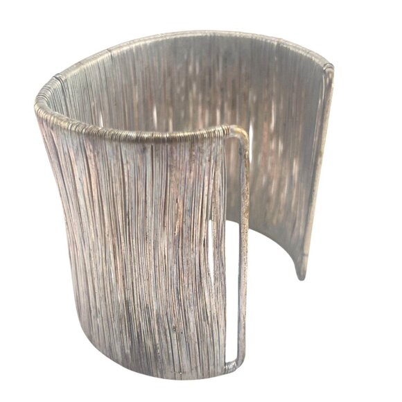 Hollywood Sensation Silver Wire 1980s Cage Cuff Bangle BraceletWide Textured Sil - Picture 3 of 8